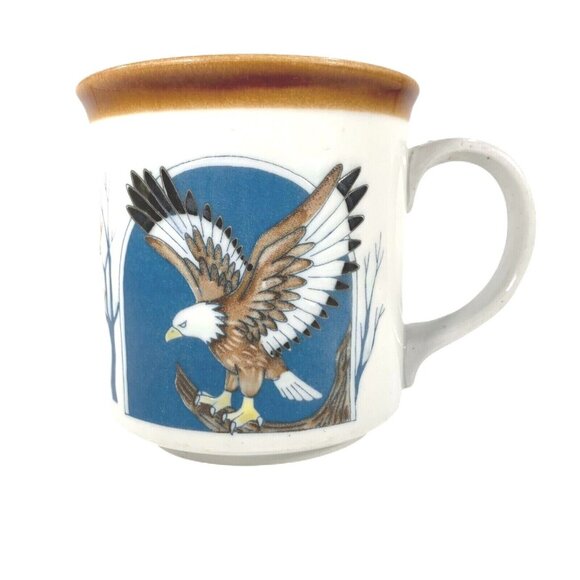 Vintage Eagle Flight Mountain Forest Trees Coffee Cup Mug Embossed American Bird - Picture 2 of 6